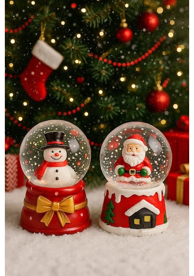 Yeni Yılın En Güzel Hediyesi Yılbaşı 2 Adet Led Işıklı 6,5 Cm Noel Baba Kardan Adam Kar Küresi Seti Dekoratif Obje