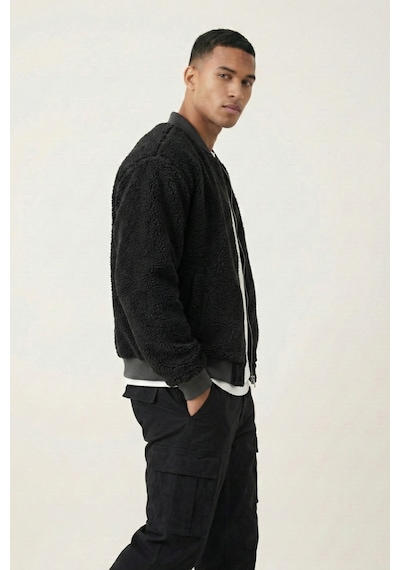 Genius Store Erkek Mont Peluş İçi Astarlı Oversize Geniş Kalıp Sherpa Kuzu Kumaş Spor Mont Siyah