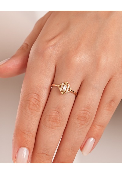 Debora Jewelry 14 Ayar Altın Geometrik Baget Beyaz Taşlı Yüzük