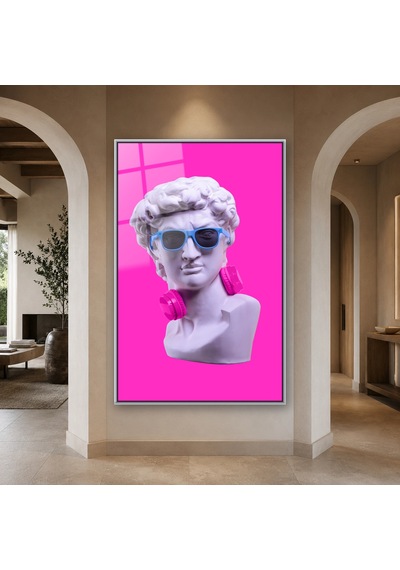 Gözlüklü Ve Kulaklıklı Pop Art Büst Gümüş Çerçeveli Cam Tablo