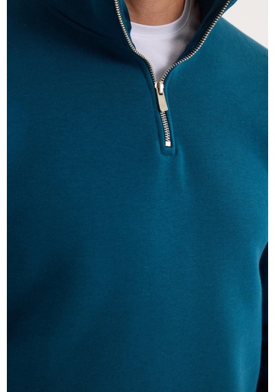 Tudors Unisex Relax Fit Rahat Kesim Pamuklu İçi Polarlı Yarım Fermuarlı İndigo Dik Yaka Sweatshirt-31449 Indigo