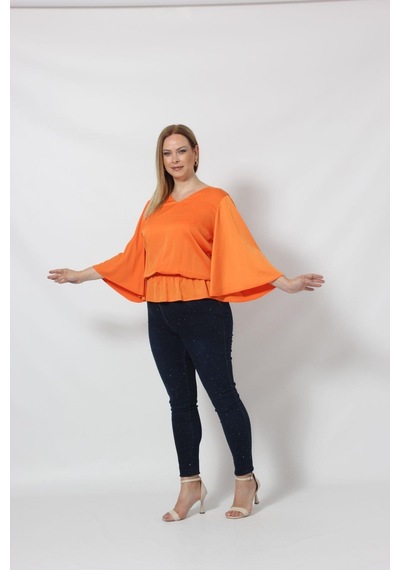 Moda Berray 3183 Turuncu Beli Lastikli Bol Kol Bluz 001