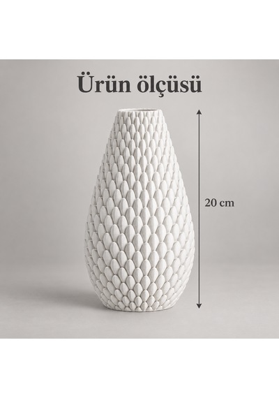 Kabartma Desenli Dekoratif Vazo 20 Cm Modern Tasarım Beyaz