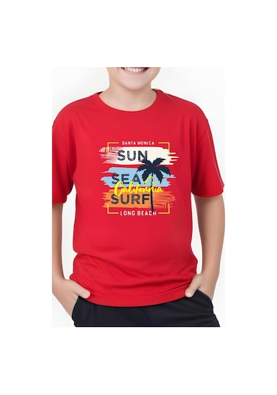 Panios Kids California Sun Baskılı Erkek Çocuk Kısa Kollu Yuvarlak Yaka T-shirt Kırmızı