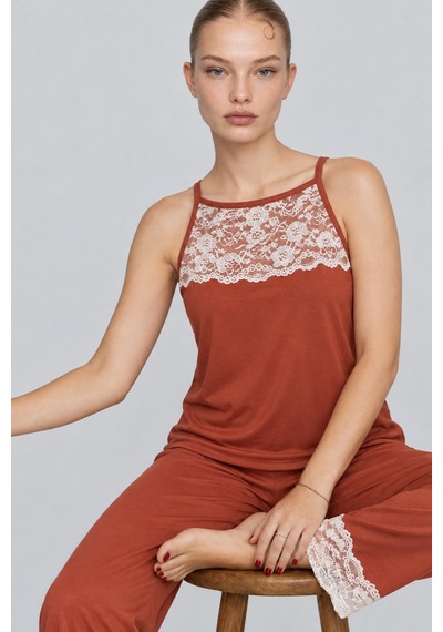 Kadın Dantelli Relaxed Kırmızı Pijama Takımı 4743