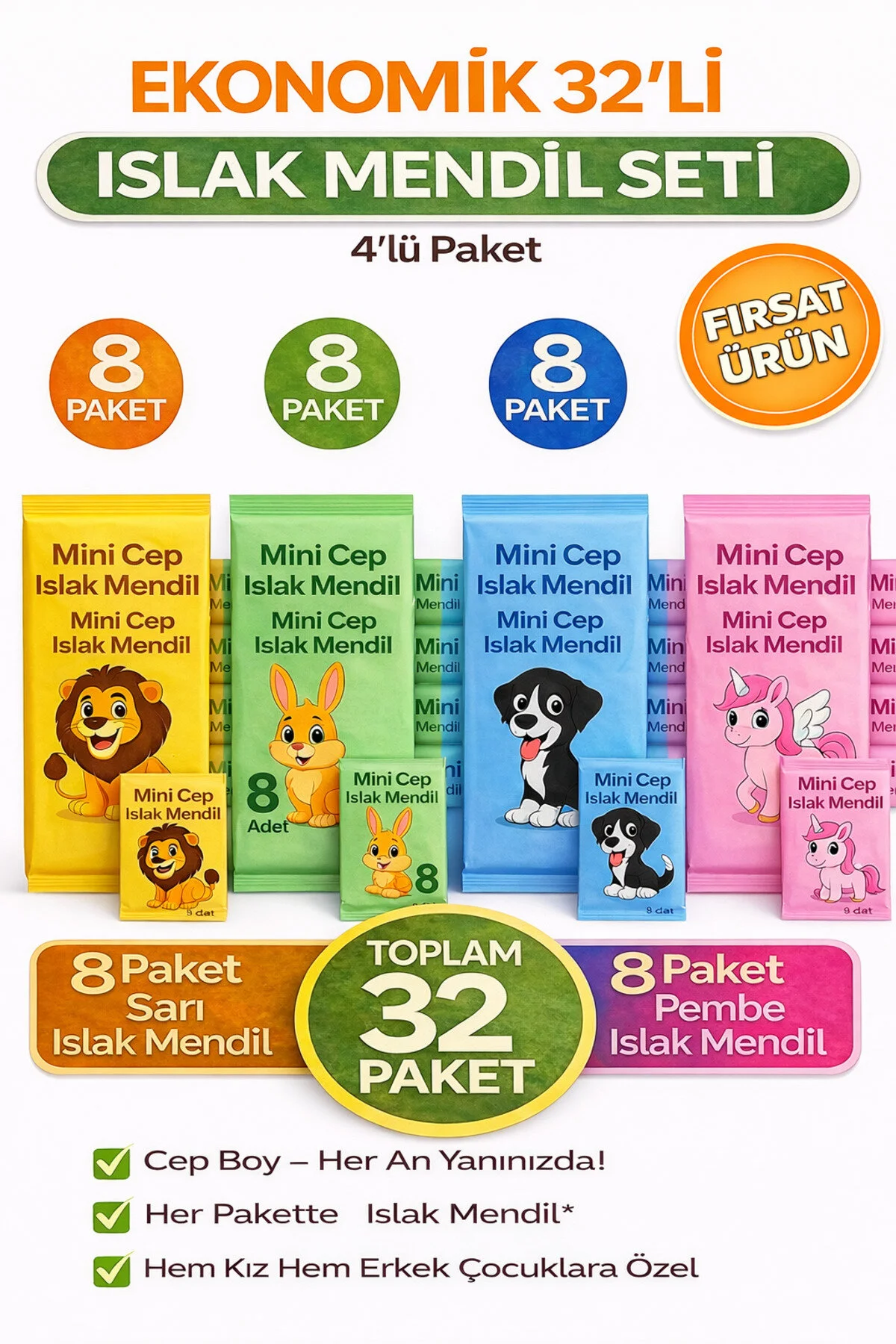 Mini Cep Islak Mendil 32 'li Ekonomik Paket Aloe Veralı Alkol İçermez Yumuşak Dokulu Taşınabilir 256 Adet