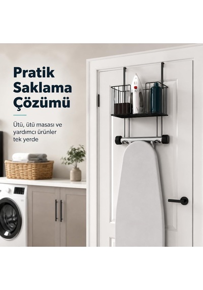 Alper Banyo Kapı Arkası Ütü Masası Askılığı Siyah, Sepetli Kapı Arkası Düzenleyici, Delmeden Kullanımlı Ü