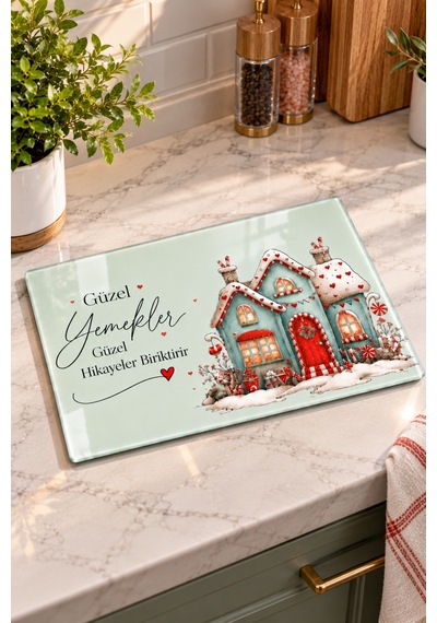 Gökçeoğlu Cam Kesme Tahtası Gingerbread Ev Yılbaşı Temalı - Cam Kesme Tablası 20cm X 30cm Çok Renkli