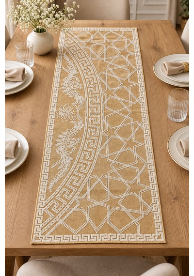 Nakışlı Geometrik Desenli Dekoratif Runner Masa Örtüsü 45x120 Cm Hardal