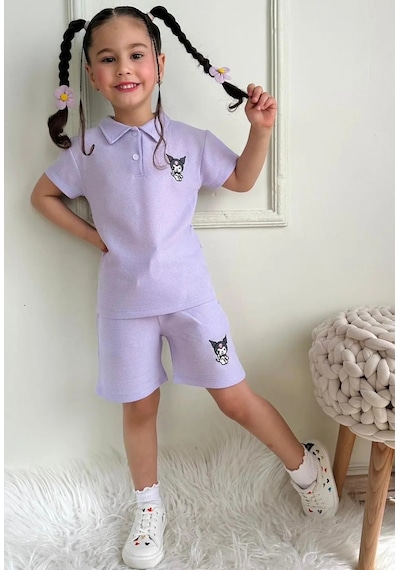 Lillypicca Kız Çocuk Waffle Kumaş Polo Yaka 2'li Şortlu Takım - 1046 Lila