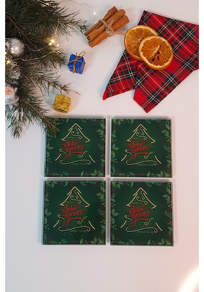Decorita Cam Bardak Altlığı Happy New Year 4'lü Takım 10 CM x10 CM Yeşil