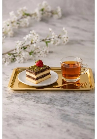 2 Adet Gold Geniş Dikdörtgen Metal Sunum Tepsisi 33x18 Cm Düz Çay Kahve Tatlı Servis Tepsisi Seti Altın