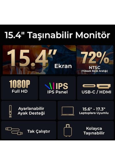 NPO NPM3 15.6-17.3" FHD 1080p IPS Type-C Taşınabilir Dizüstü Tek Monitör Çoklayıcı Notebook Monitör