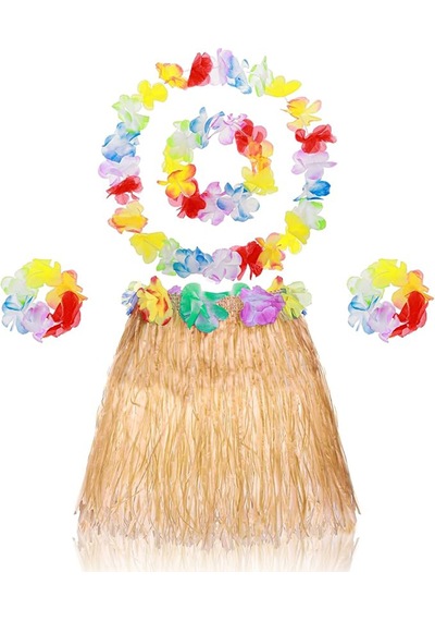 Yetişkin Çocuk Hawaii Parti Seti - 40 Cm Naturel Etek + Çiçek Aksesuarlar 5 Parça 5691 "