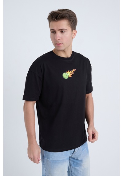 Erkek Oversize Baskılı T-shirt Siyah Hot Tennis Siyah