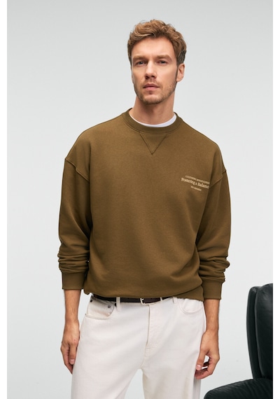 Grımelange CASPIAN Erkek %100 Pamuk Bisiklet Yaka Karyoka Dikişli Baskılı Haki Sweatshirt