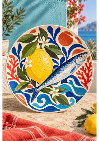 Dekoratif Duvar Tabağı Kâğıt Bahçede Limon Dekorlu Seramik Tabak Kahverengi