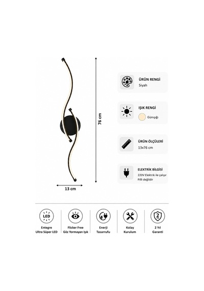 Pera Modern Led Duvar Apliği Günışığı Siyah