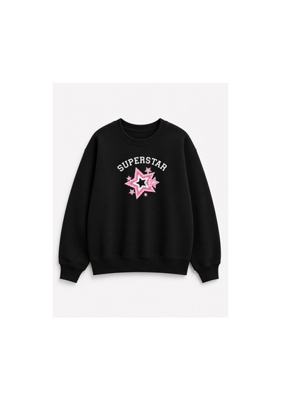 Herkesemoda Süperstar Baskılı 2 İplik Şardonlu Bisiklet Yaka Sweatshirt Siyah