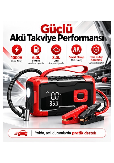 Taşınabilir Akü Takviye Cihazı Ve Dijital Hava Kompresör 1000a 8000 Mah 150 Psı Dijital Ekranlı Led Işıklı Lastik Şişirme