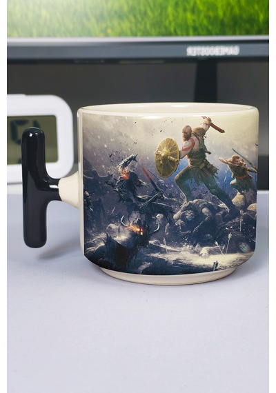 God Of War Baskılı Seramik Lüks Kupa 1 Adet T Şeklinde Özel Siyah Kulp Dalga Kulp V4t Çok Renkli
