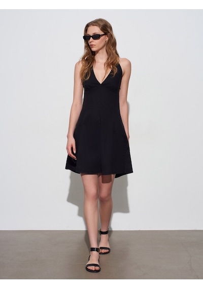Dilvin 90568 Halter Yaka Denim Mini Elbise-siyah