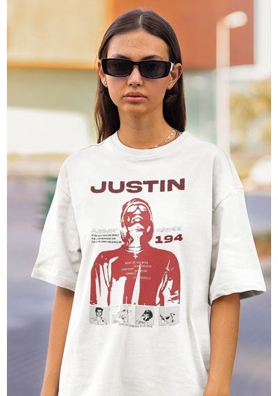 Tasarım Şarkıcı Justin Bieber Baskılı Unisex Oversize Tişört Beyaz