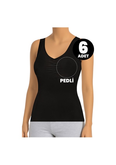 Öts Kadın 6 Lı Pamuklu Atlet Büzgülü Çıkarılabilir Pedli Nefes Alan Doku 3161-6 Siyah