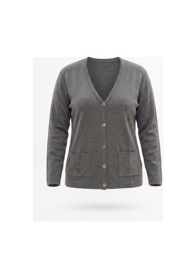 Onno Style Women Çelik Örgü Taş Aksesuarlı Klasik Triko Ceket Gri