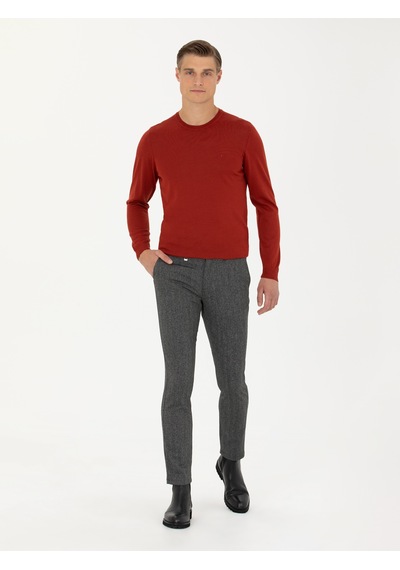 Cacharel Koyu Kiremit Slim Fit Bisiklet Yaka Triko Kazak Kırmızı