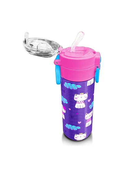 Coral High Kids Mor Pembe Kedi Desenli Pipetli Ve Direkt İçim Çelik Termos 500 Ml 31911 Pembe