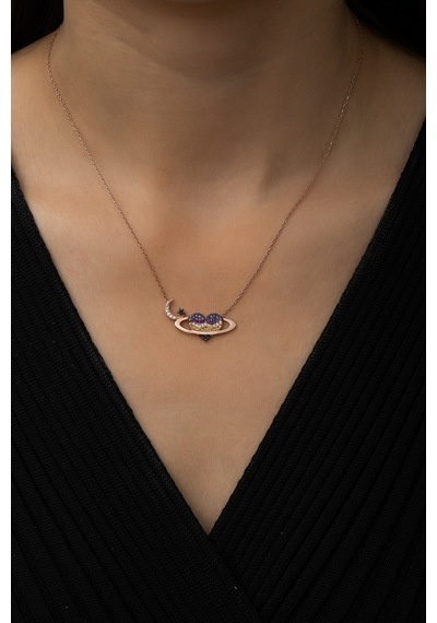 Papatya Silver Satürn Kuşaklı Kalp Ay Yıldız Bayrak Kolye Rose Gold Kaplama 925 Ayar Gümüş, UVPS100493