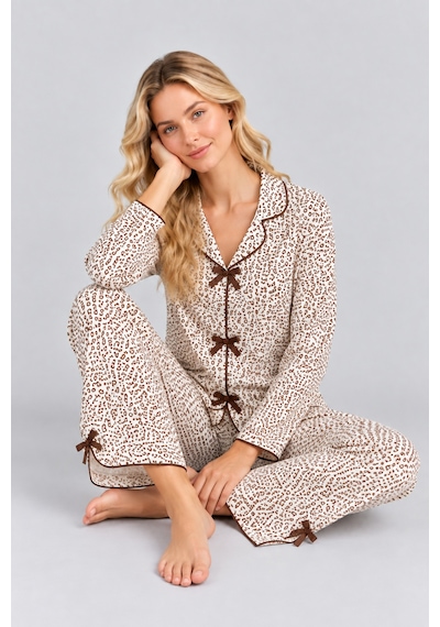 Pijamask Kadın Ekru Kahverengi Leopar Desenli Fiyonk Detaylı Bol Paça Pijama Takımı Beyaz