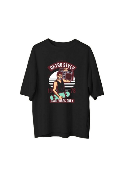 Paybuy Erkek Oversize Grafik Baskılı Tişört Retro Müzik Temalı Pozitif M Siyah
