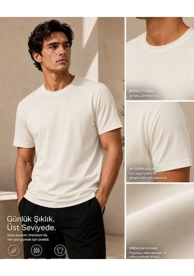 Sıfır Yaka Quickmen Tişört Kırık Beyaz