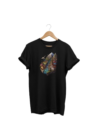 Dağ Manzaralı Baskılı Siyah T-shirt Siyah