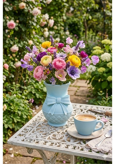 Modern 3d Baskı Fiyonklu Dekoratif Vazo - 18 Cm Estetik Çiçek Vazosu - Pastel Mavi Tasarım Obje Mavi