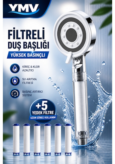 Ymv Filtreli Duş Başlığı Yüksek Basınçlı Banyo Başlığı Kireç Ve Klor Azaltıcı 5 Yedek Filtreli Su Tasarruflu Krom