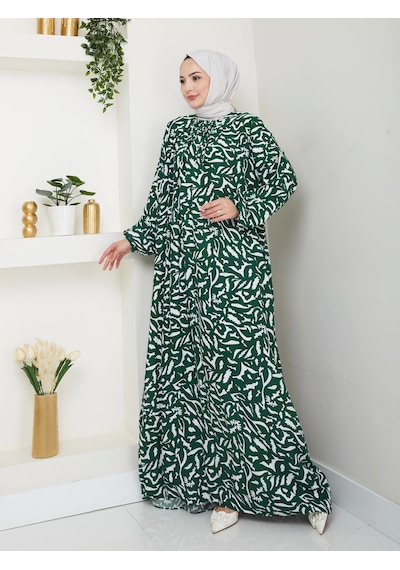 Nevayla Moda Desenli Önü Büzgülü Viskon Elbise - Yeşil / E0131 Yeşil