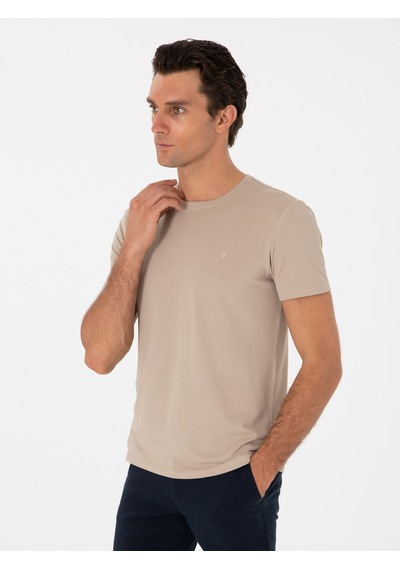 Bej Slim Fit Bisiklet Yaka Pamuklu T-shirt