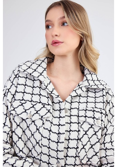 Vitrin Kapak Cepli Desenli Oversize Gömlek Ekru