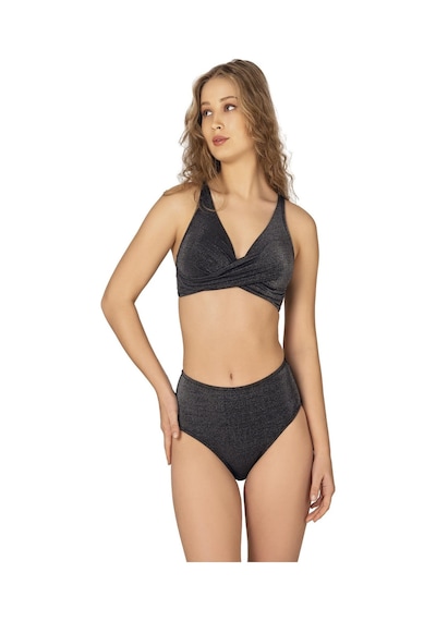 Endeep Kadın Siyah Simli Toparlayıcı Yüksek Bel Bikini Takımı-siyah
