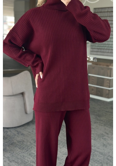 Laluvia Bordo Boğazlı Fitilli Triko Takım - 4671 Bordo