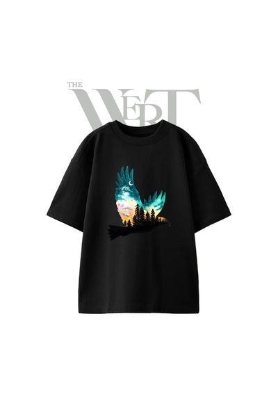 Thewert Eagle Forest Tasarım Baskılı Ünisex Siyah Oversize T-shirt
