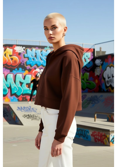 Benerly Kadın Kapüşonlu Fermuarlı Düşük Kol Örme Sweatshirt Fonksiyonel D Kahverengi