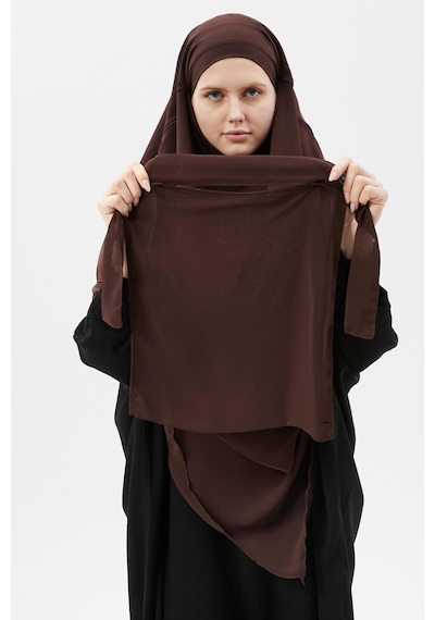 Altobeh Hazır Pratik Şifon Üç Katlı Peçeli Üçgen Hac Umre Şalı Sufle Hijab Nikap Kahve Rengi