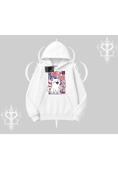 Startmore Smell Of Fresh Food Kedi Baskılı Kapşonlu Sweatshirt Beyaz