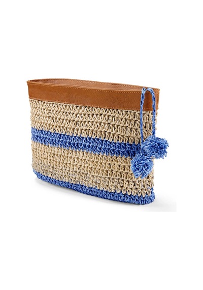 Kadın Çizgili Clutch & Small Bag Bej & Mavi Renk, Fermuarlı Doğal