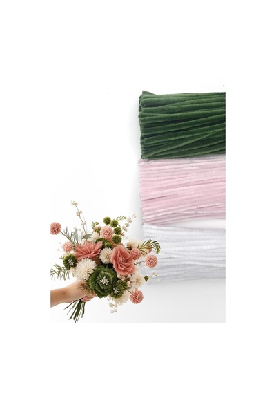 100lü Tüylü Tel Şönil, 30 Cm 40 Adet Yeşil, 30 Adet Pembe, 30 Adet Beyaz, Çiçek Yapımına Uygun