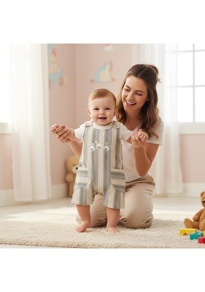 Ürünya Unisex Bebek Askılı Nakış İşlemeli Sıfır Kollu Şort Tulum Haki